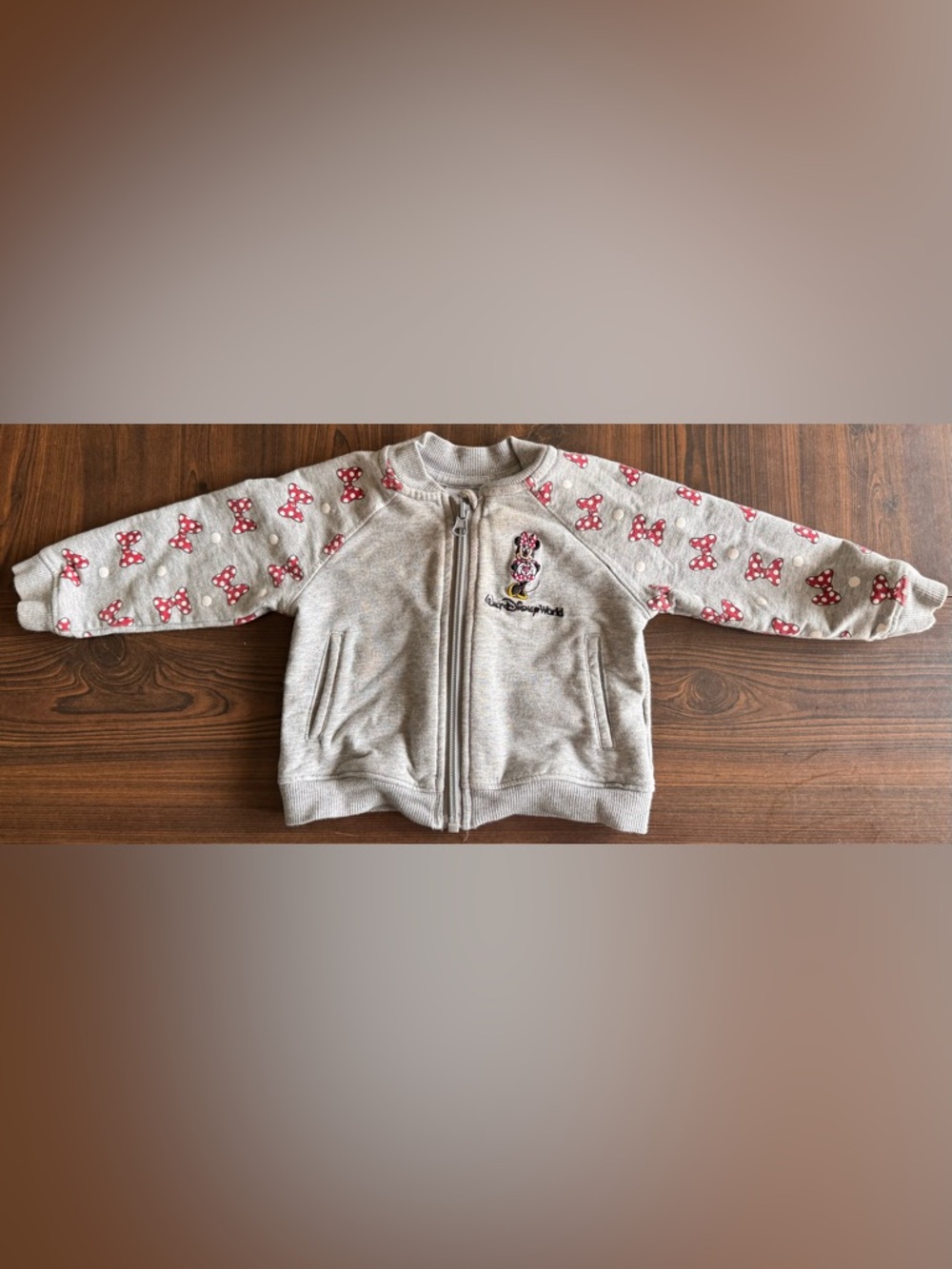 Disney Toddler Gray Zip Jacket with Pink Bow Print Sleeves